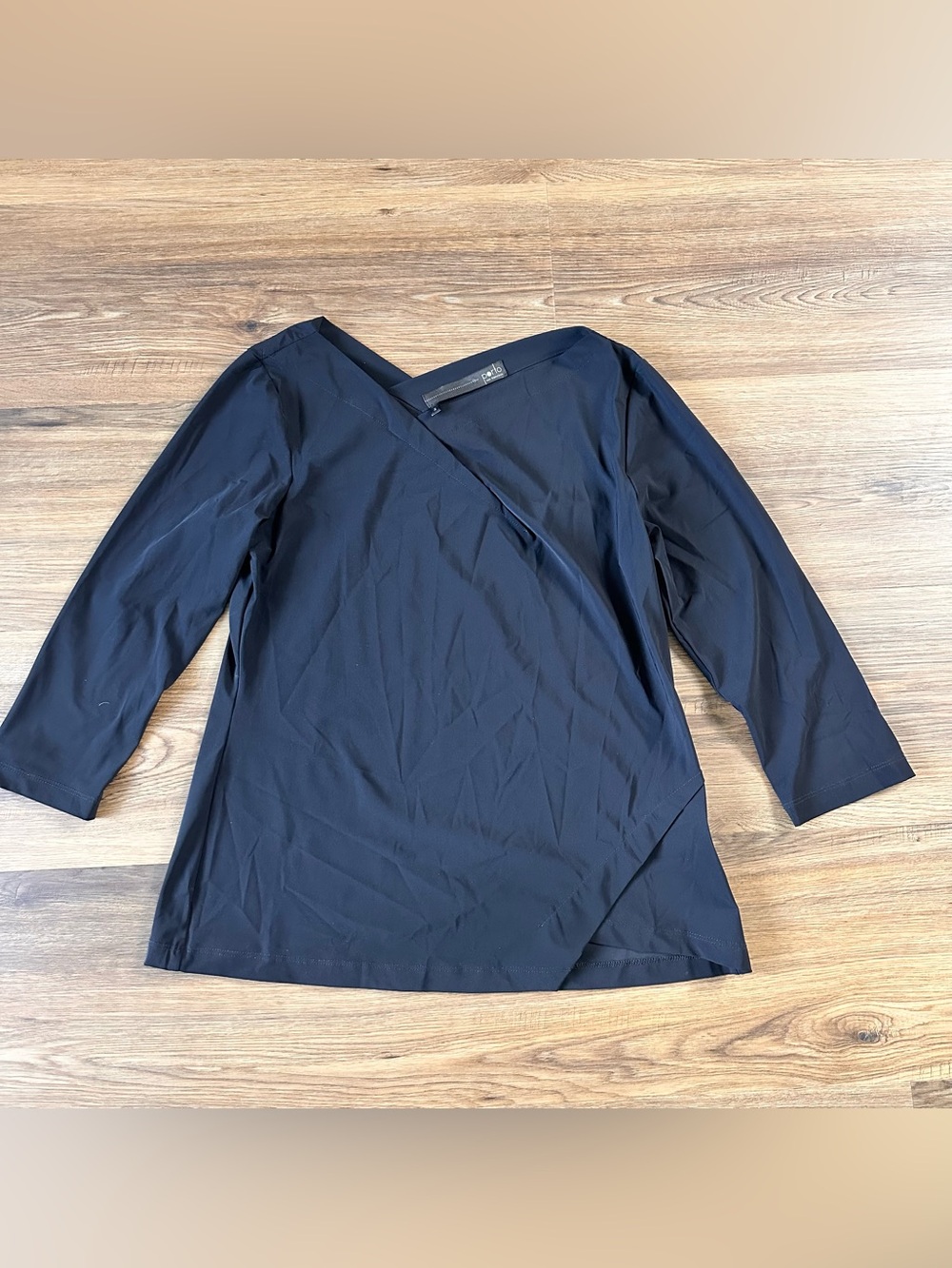 Porto San Francisco Womens Asymmetrical Hem 3/4 Sleeve V-Neck Top Size 2 Black